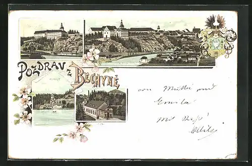 Lithographie Bechyne, Kohout, Lazne, Ortsansicht, Wappen