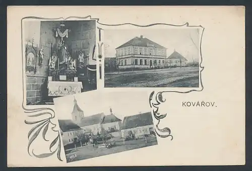 AK Kovarov, Innen- und Aussenansicht der Kirche, Skola