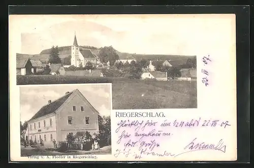 AK Riegerschlag, Blick auf Kirche im Ort, Wohnhaus