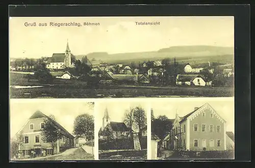 AK Riegerschlag /Böhmen, Gasthaus H. Tomann, Kirche, Schule