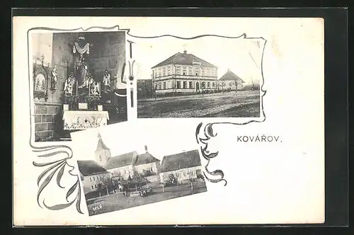 AK Kovarov, Aussen- und, Innenansicht der Kirche