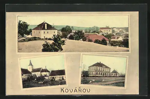 AK Kovarov, Skola, Kirche, Ortsansicht