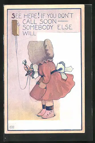 AK Mädchen im roten Kleid am Telefon