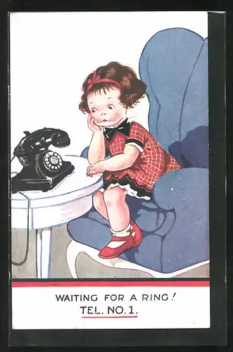 AK Waiting for a ring!, Mädchen wartet am Telefon auf Anruf