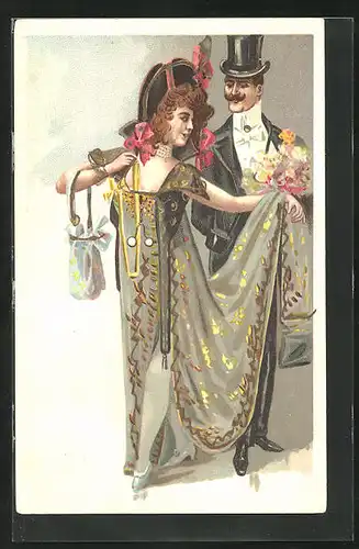 AK Eleganter Herr und Dame mit Stielbrille
