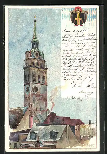 Künstler-AK Heinrich Kley: München, Petersturm, Münchner Kindl
