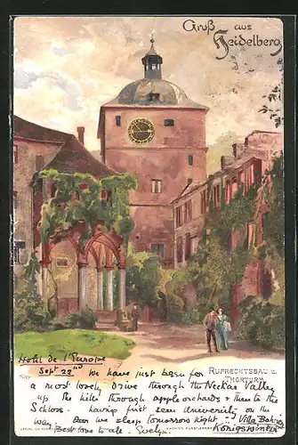 Künstler-AK Heinrich Kley: Heidelberg, Paar vor dem Ruprechtsbau und Thorturm