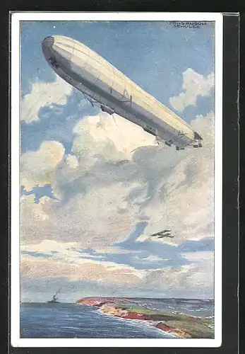 Künstler-AK Hans Rudolf Schulze: Zeppelin Reichsmarineluftschiff über deutscher Ostseeküste