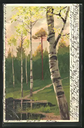 Künstler-AK Alfred Mailick: See im Wald mit Birken