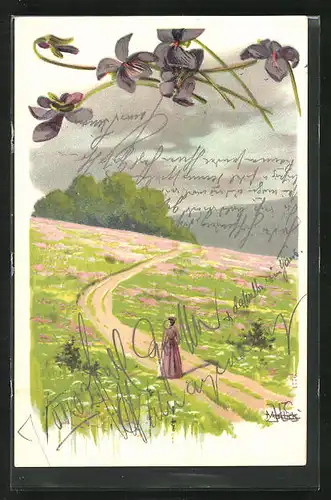 Künstler-AK Alfred Mailick: Frau beim Spaziergang in idyllischer Landschaft