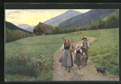Künstler-AK Heinrich Hoffmann: Bauernfamilie auf dem Heimweg mit Dackel