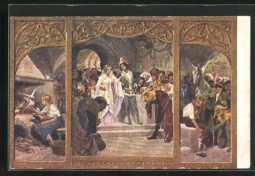 Künstler-AK Paul Hey: Szenen aus dem Märchen Aschenputtel, Anprobe des Schuhs