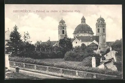 AK Jaromerice /Jaromeritz, Pohled na chrám z Nádrazni tridy