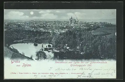 Mondschein-AK Iglau, Totalansicht mit Schwimmschule