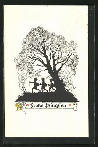 Künstler-AK Georg Plischke: Wanderbuben am Baum, Pfingst-Grüsse