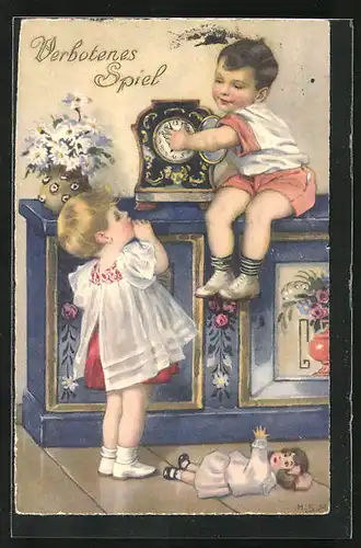 Künstler-AK M. S. M.: Verbotenes Spiel, Kinder drehen an der Uhr