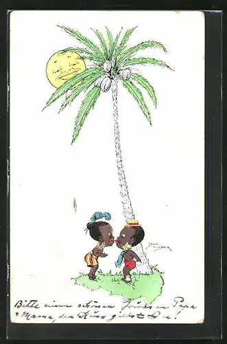 Künstler-AK Jack Number: Inselbewohner küssen sich unter Palme