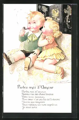 Künstler-AK Mauzan: Parlez-moi d`Amour, verliebte Kinder