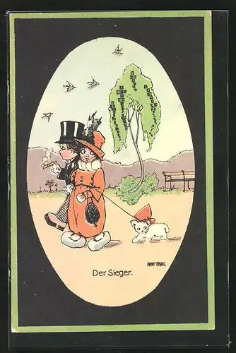 Künstler-AK Anny Tekauz: Bürgerliches Paar beim Spaziergang, der Sieger