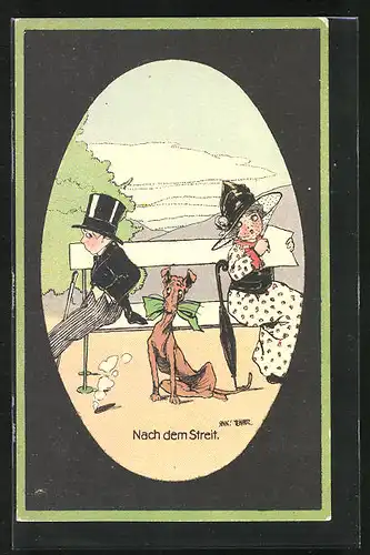 Künstler-AK Anny Tekauz: Paar beim Streit auf Bank