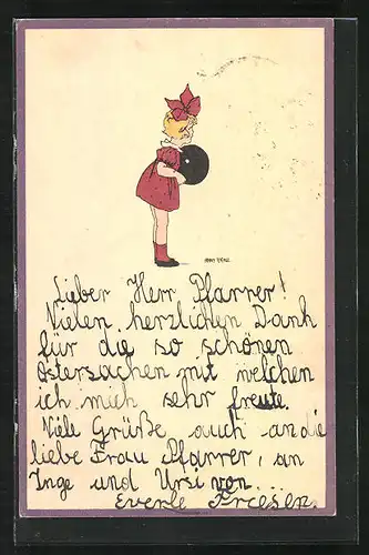 Künstler-AK Anny Tekauz: Mädchen in rotem Kleid mit grosser Haarschleife