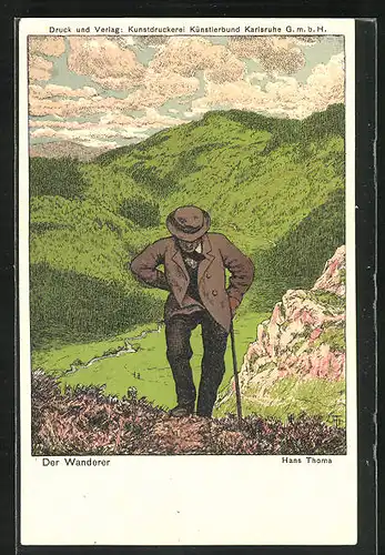 Künstler-AK Hans Thoma: Der Wanderer, schöne Hügellandschaft
