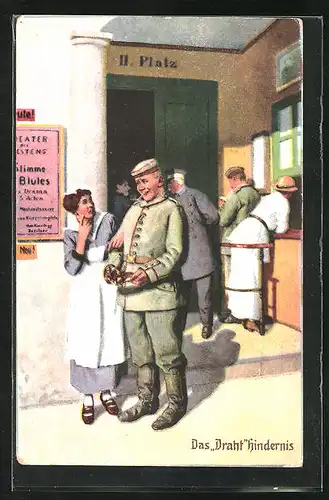 Künstler-AK Hans Thoma unsig.: Soldat zeigt leere Geldbörse, das Drahthindernis