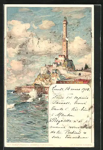 Künstler-AK Manuel Wielandt: Genova, Leuchtturm an der Küste