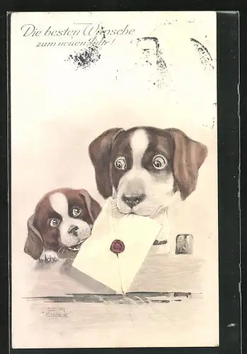 Künstler-AK Ulrich Weber: Hunde mit Brief im Maul