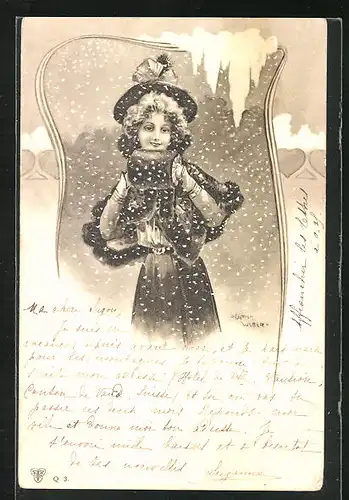 Künstler-AK Ulrich Weber: Frau in Winterkleidung im Schnee