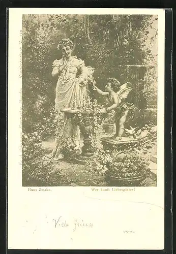 Künstler-AK Hans Zatzka: Amor zeigt Frau Figuren auf Tisch