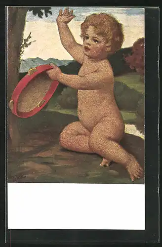 Künstler-AK Ludwig von Zumbusch: Nacktes Kind mit Instrument