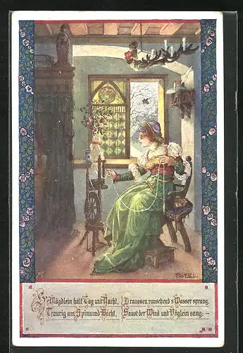 Künstler-AK T. Welzl: Mädchen bei offenem Fenster am Spinnrad