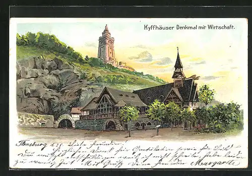 Künstler-AK Kyffhäuser, Kyffhäuser Denkmal mit Gasthaus