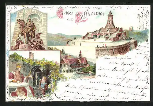 Lithographie Kyffhäuser, Gasthaus, Kyffhäuser-Denkmal, Reiterstandbild