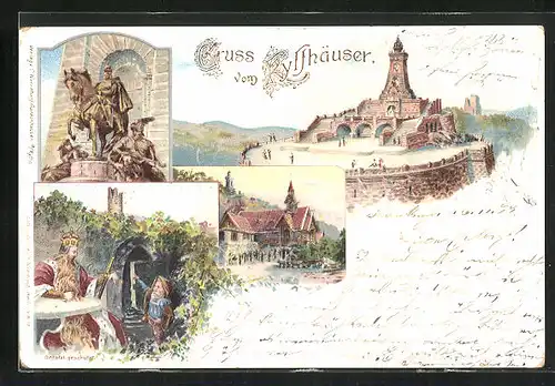 Lithographie Kyffhäuser, Gasthaus, Kyffhäuser-Denkmal, Reiterstandbild