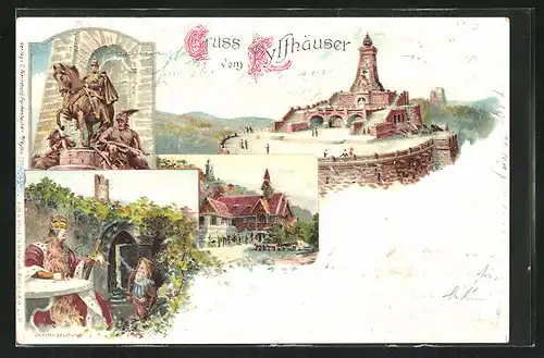 Lithographie Kyffhäuser, Gasthaus, Kyffhäuser-Denkmal, Reiterstandbild