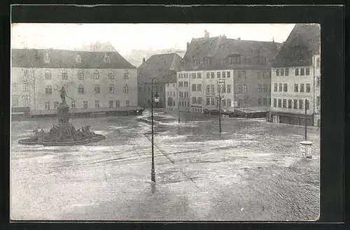 AK Nürnberg, Hochwasser am Hauptmarkt mit Neptunbrunnen