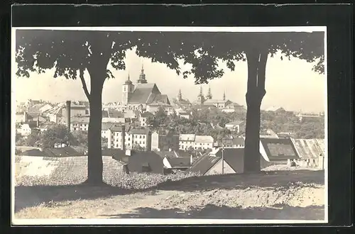 Foto-AK Iglau, Teilansicht mit Kirche und Bäumen