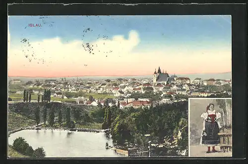 AK Iglau, Teilansicht, Frau in Tracht