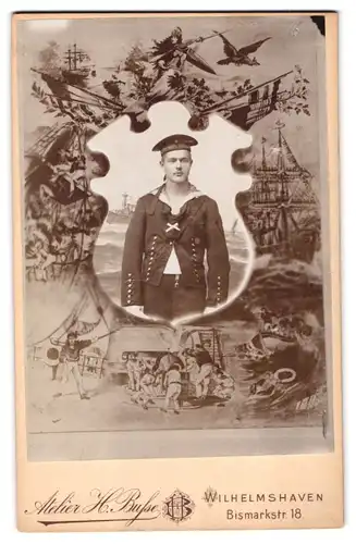 Fotografie H. Busse, Wilhelmshaven, Bismarkstr. 18, Matrose der kaiserlichen Marine Mützenband Matr. Artillerie