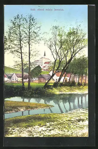 AK Jemnice, Blick über den Fluss zur Stadt