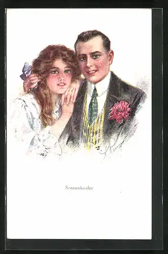 Künstler-AK sign. A. Remy: Sonnenkinder, Junge Frau mit einem Herrn