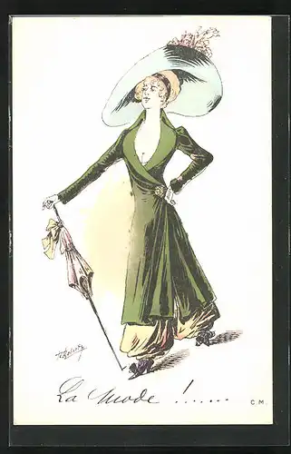 Künstler-AK sign. Roberty: Dame im grünen Kleid mit Hut