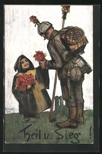 Künstler-AK Fritz Hass: Münchner Kindl mit Blumen für Soldaten