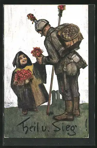 Künstler-AK Fritz Hass: Münchner Kindl mit Blumen für Soldaten