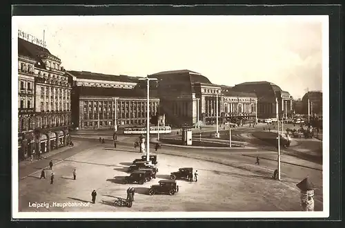AK Leipzig, Hauptbahnhof mit Strassenbahn