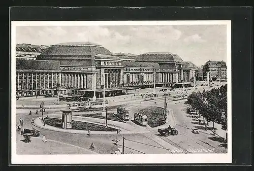 AK Leipzig, Hauptbahnhof mit Strassenbahn