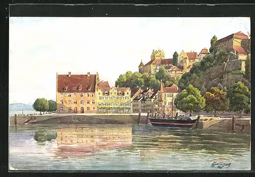 Künstler-AK Vinzenz Marschall: Meersburg am Bodensee, Panoramablick auf den Hafen