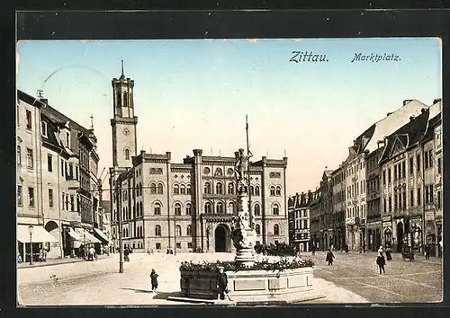 AK Zittau, Marktplatz mit Säule und Geschäften